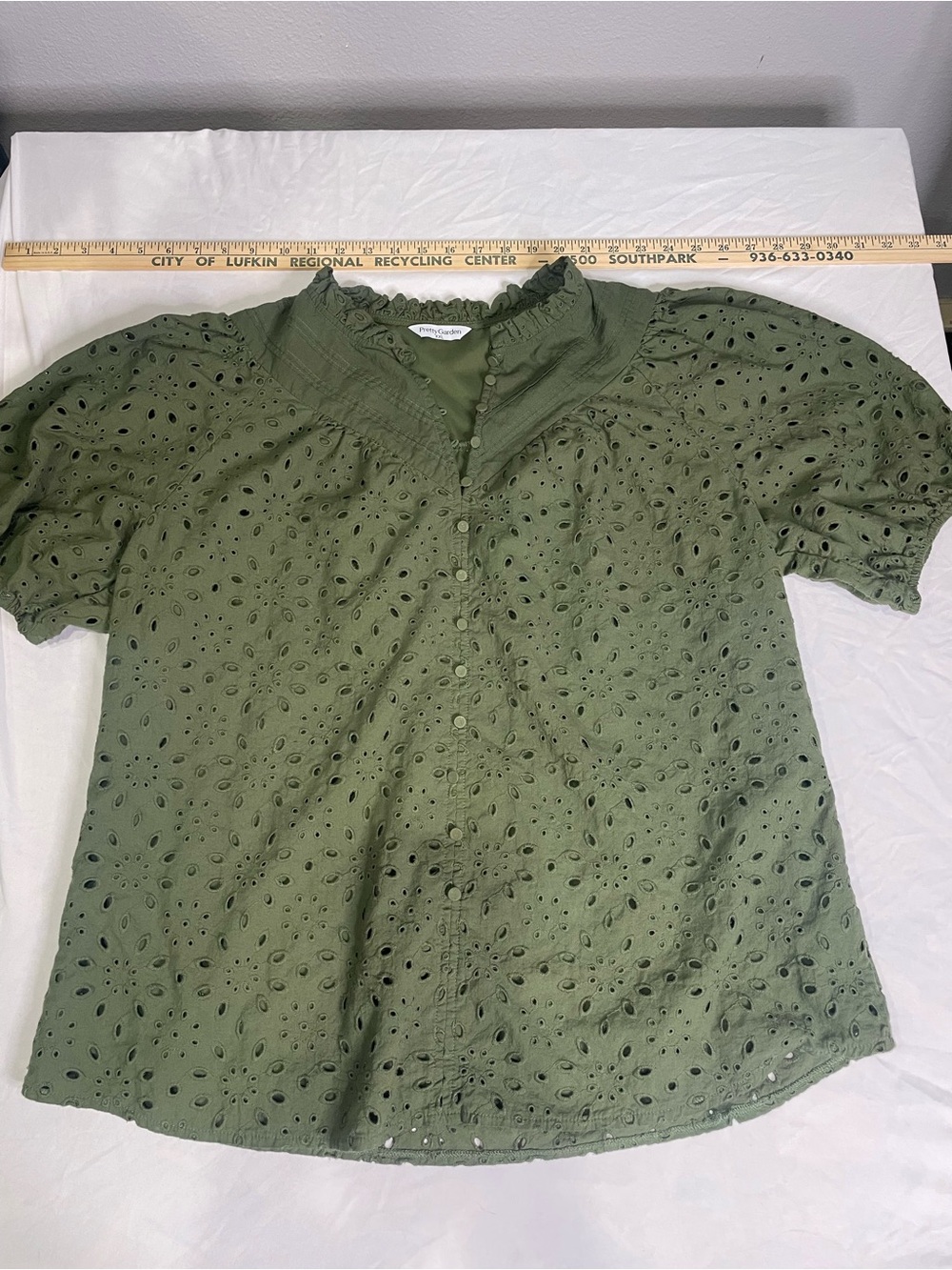 PrettyGarden XXL Olive Green Eyelet Blouse Puff Sleeve Ruffle Boho SKU032
